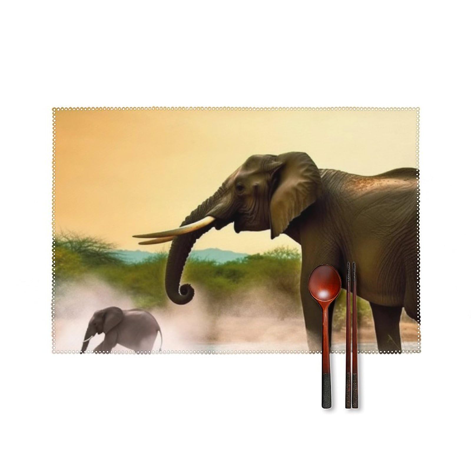 Set de table design éléphant d'Afrique en toile tissée imperméable de qualité
