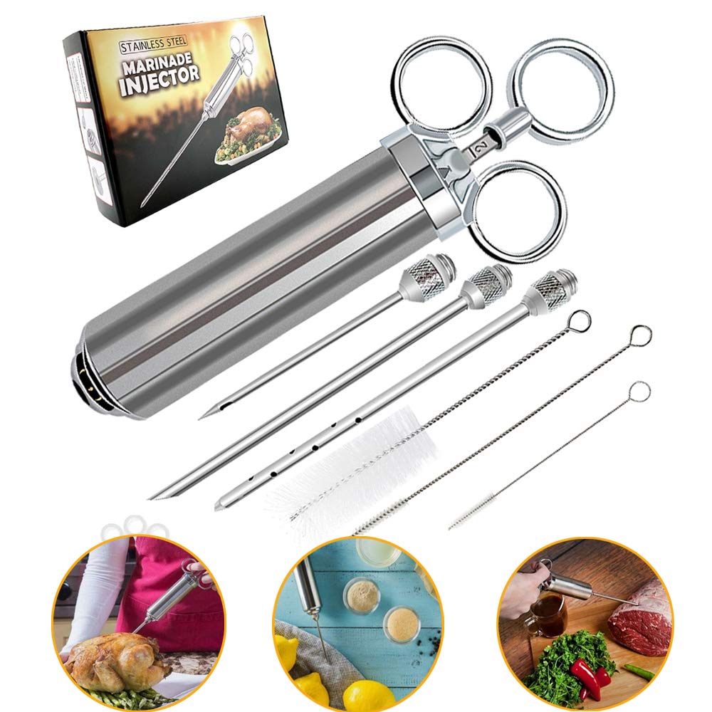Stainless Steel Meat Injector Kit with 3 Marinade Needles and 3 Cleaning Brushes, 2 Oz Marinade Flavor Barrel Meat Injector for Home Cooking BBQ Halloween Thanksgiving Turkey Marinade