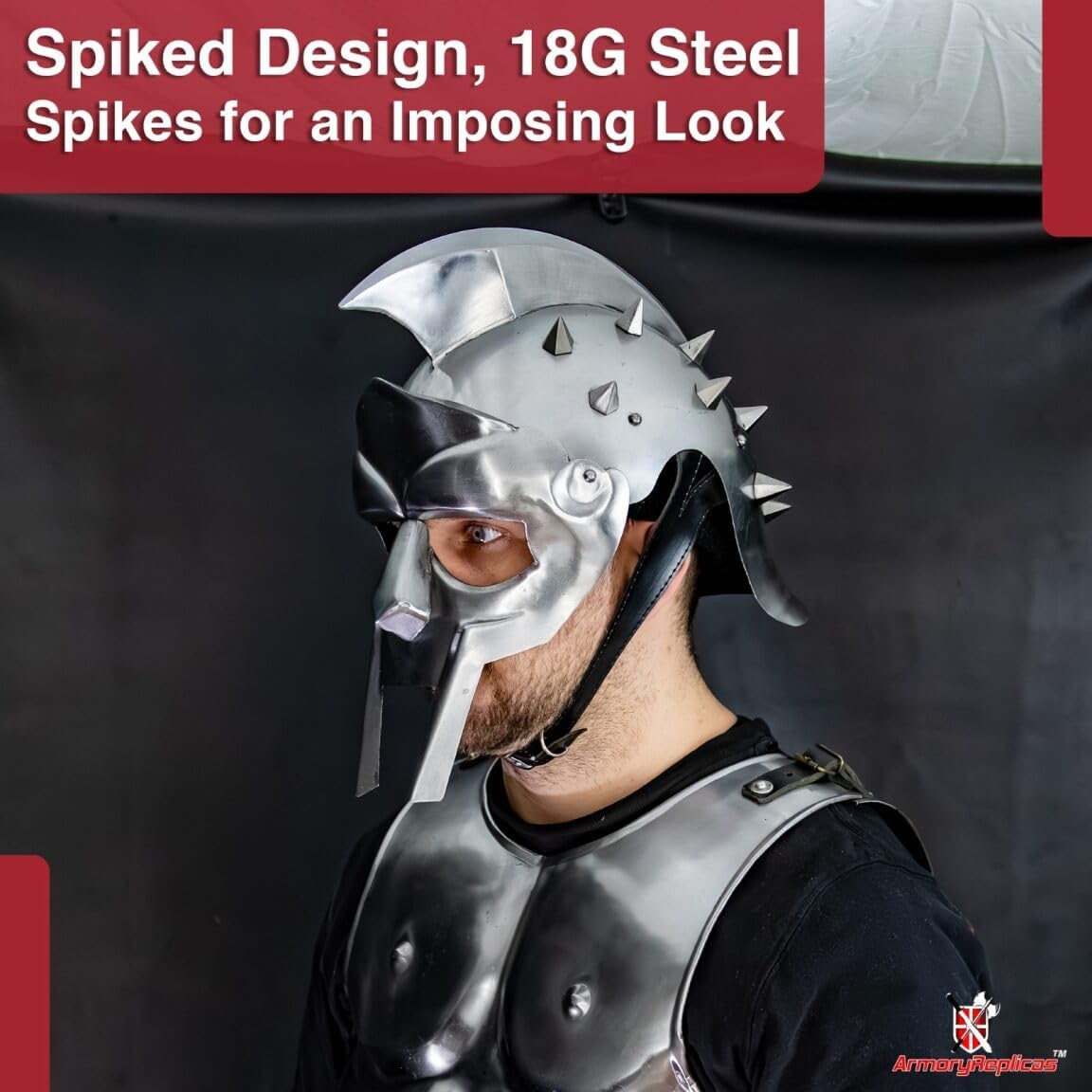 Armory Replicas™ Maximus Roman Gladiator Helmet – Blackened 18-Gauge Steel Handmade Replica with Spikes, Leather Liner & Chin Strap | Authentic Historical Armor for Adults
