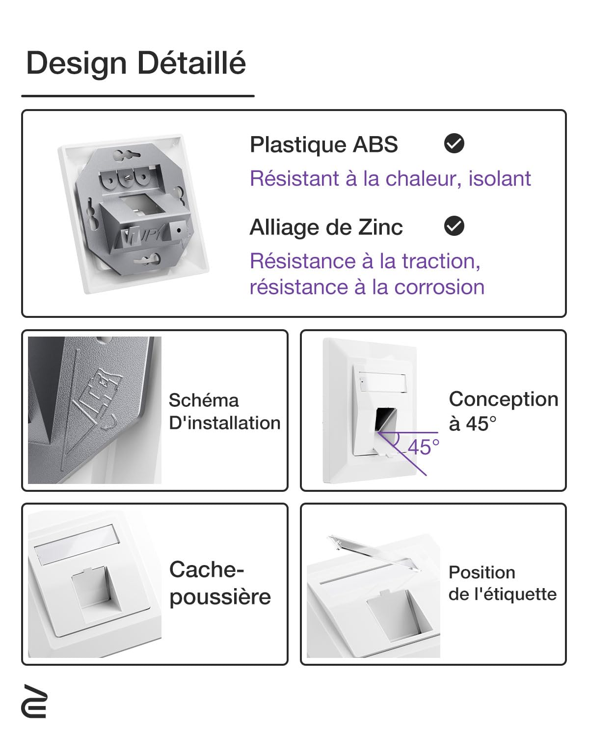 VCELINK 1 Port Prise Réseau Encastrée avec Keystone RJ45 CAT7, 5 Pièces