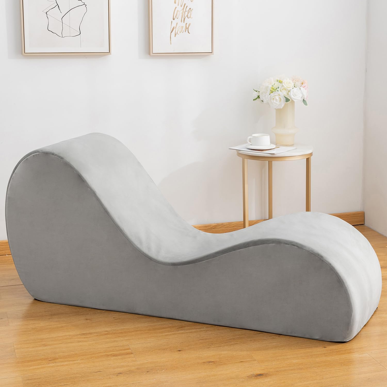 Yoga Chaise Lounge Chair, Velet Yoga Lounge Chair for Stretching Relaxation with Side Pockets Non-Slip Bottom Removable Cover (Grey)