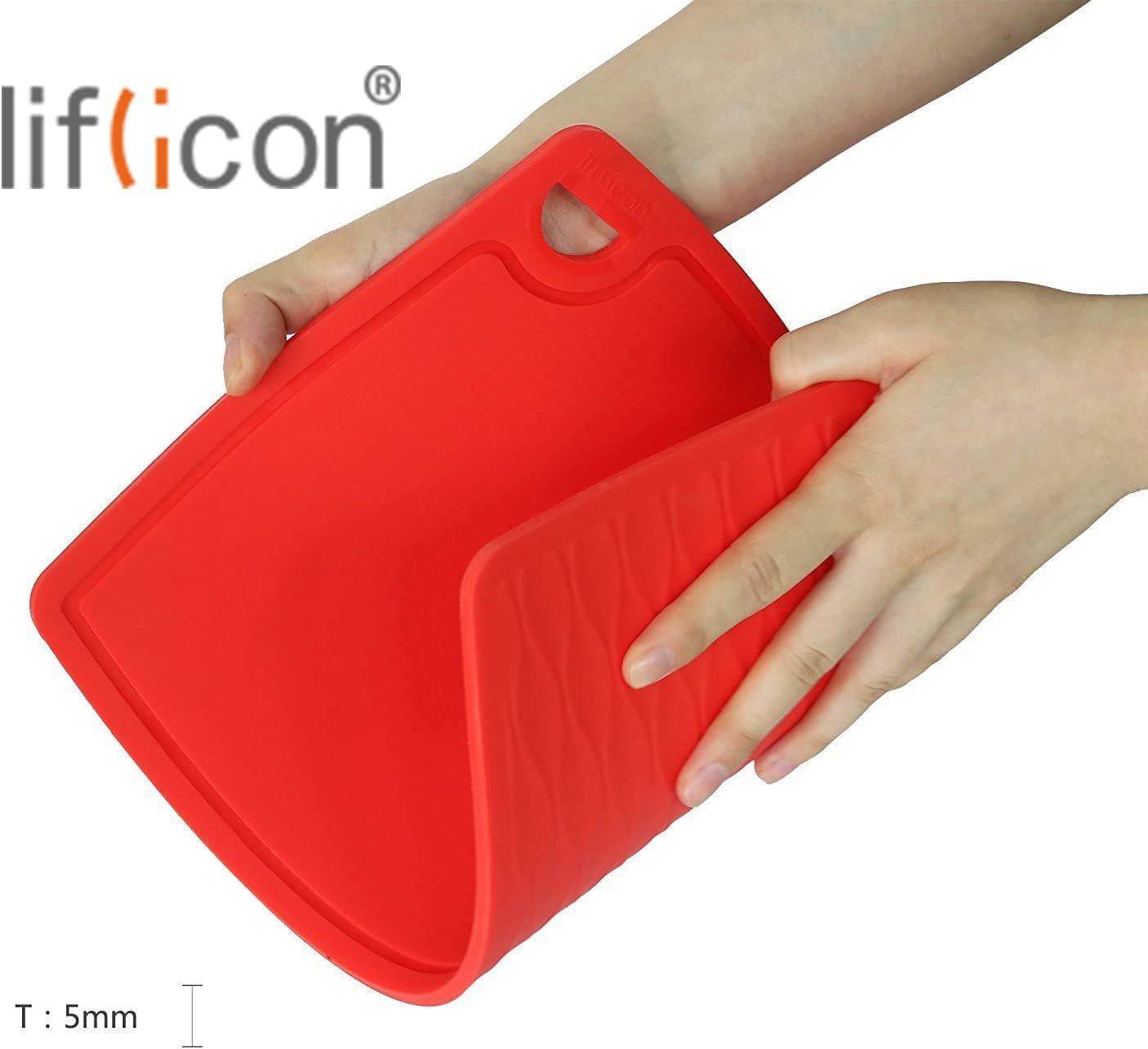 Liflicon Thick Cutting Boards for Kitchen Silicone Chopping Board Set of 2 Mid 12.6'' x 9.1”,Mini 9.1”x7.1” Non-slip Deep Drip Juice Groove Easy Grip Handle,Dishwasher Safe-Red