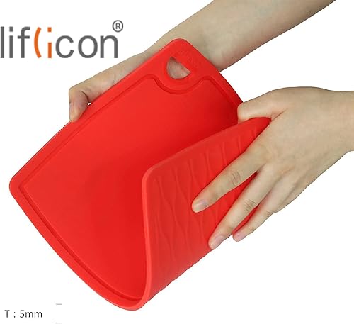 Miniatura 6 de Liflicon Tabla de cortar de silicona gruesa de 12.6 x 9.1 pulgadas, ranuras para jugos, mango de fácil agarre, apta para lavavajillas, color rojo