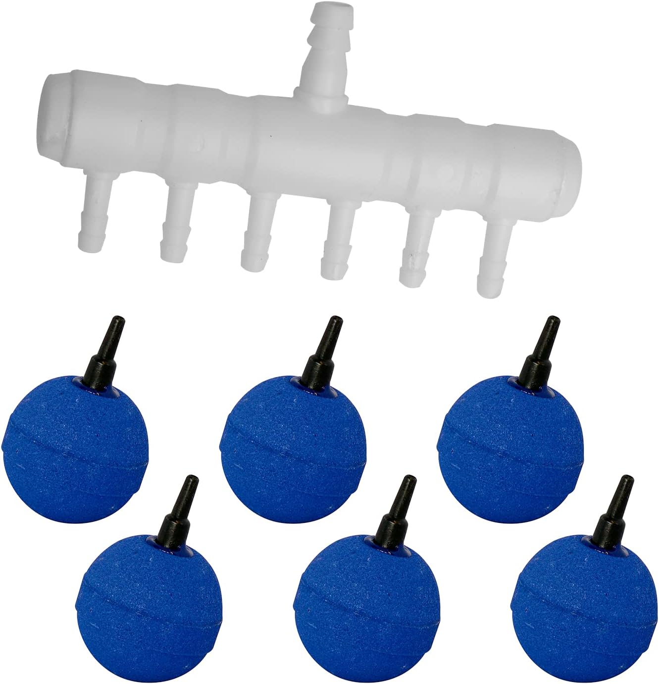 Six blue spherical air stones with black nozzles, and a white multi-outlet air manifold, ready for connection.