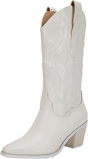 Women's Western Cowboy Boots Pointed Toe Mid-calf Embroidered Comfortable Pull on Chunky Heel Cowgirl Boots