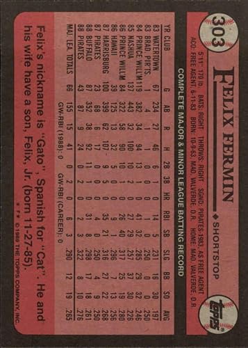 Miniatura 2 de 1989 Topps Baseball #303 Felix Fermin Pittsburgh Pirates Official MLB Trading Card (stock photo used, Sharp corners guaranteed)