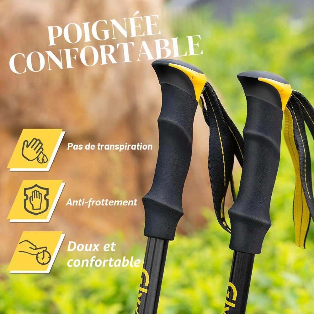 Glymnis Bâtons de randonnée 7075 - En aluminium - Réglable de 110 à 130 cm - Fermeture par serrage avec 4 paires de tampons en caoutchouc pour trekking, Noir , 110cm-130cm