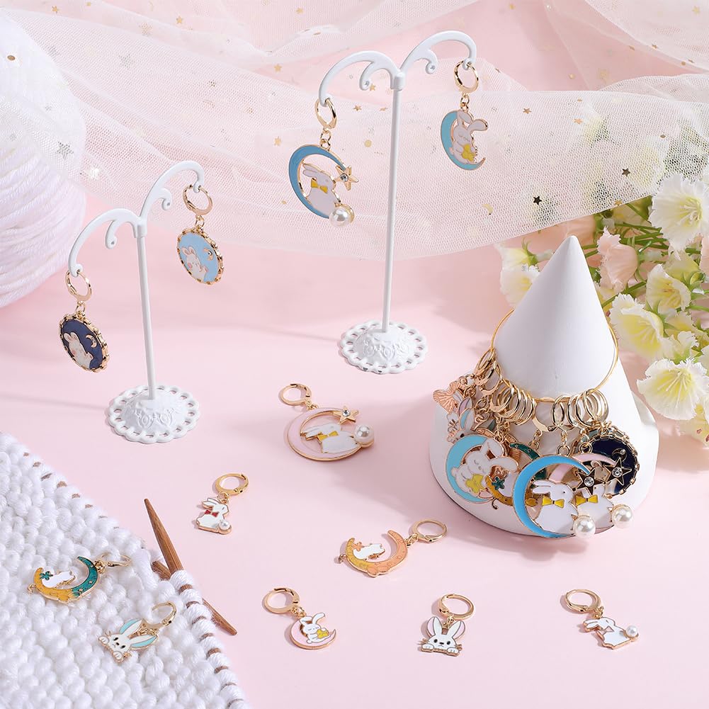 SUNNYCLUE 1 Box 24Pcs 12 Styles Rabbit Clasp Charms Animal Stitch Markers Bulk Metal Alloy Enamel Bunny Moon Star Pearl Crochet Hoop Locking Marker for Knitting Weaving Quilting jewellery DIY Crafts - Image 4