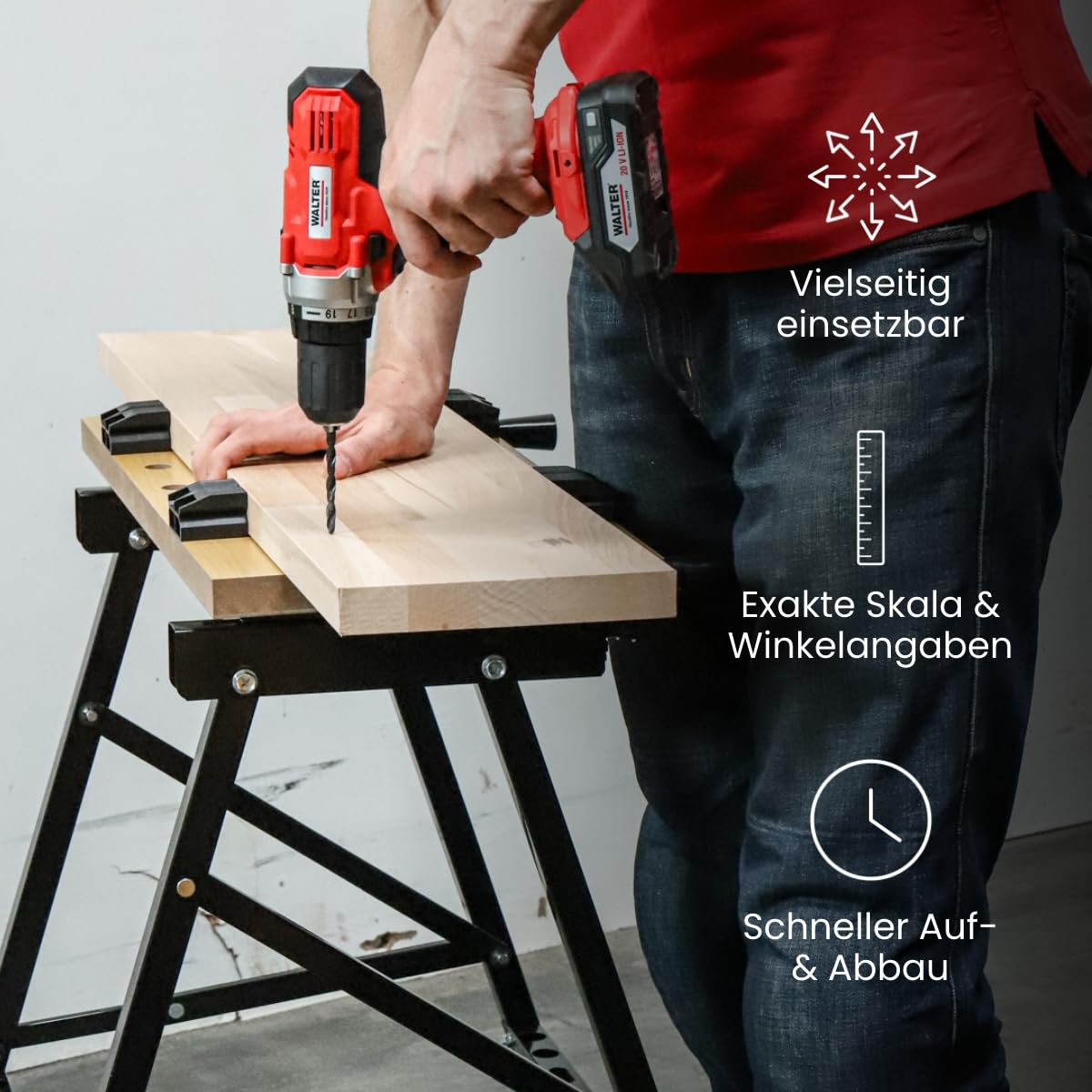 WALTER Werk- und Spanntisch, 100 kg Tragkraft, große Arbeitsfläche, klappbar und vielseitig verstellbar, universell einsetzbar, zum Schleifen, Sägen oder Einspannen von Werkstücken, Arbeitshöhe 77 cm
