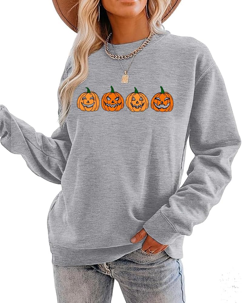 Halloween Sweatshirt for Women Pumpkin Face Pullover Fall Season Long Sleeve Thanksgiving Graphic Sweater Top - Image 2