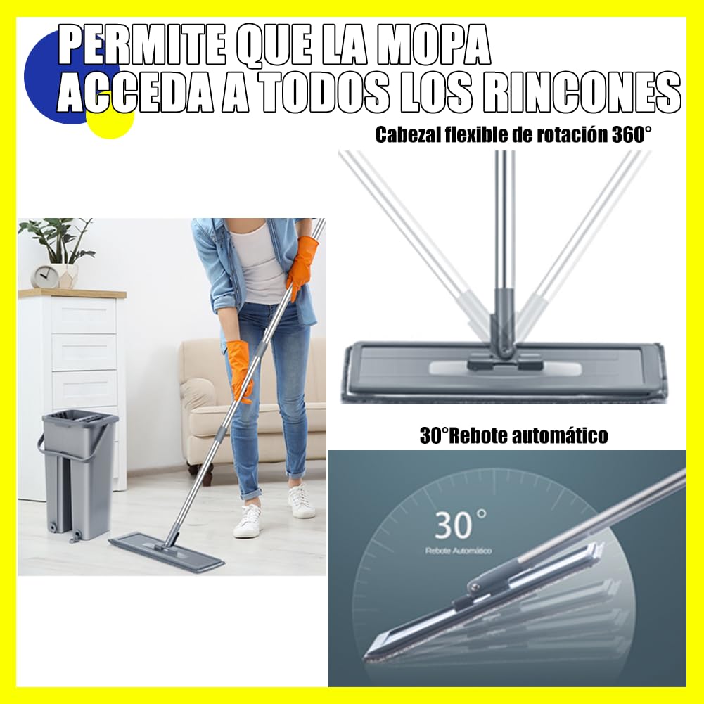 Mopa Multifuncional para Azulejos Paredes y Suelos con Cubo Escurridor Sistema Autoescurrible Cepillo 6 Almohadillas de Microfibra Limpieza Tarima Atrapa Polvo Trapeador Escurre Fácil Mop Ventanas