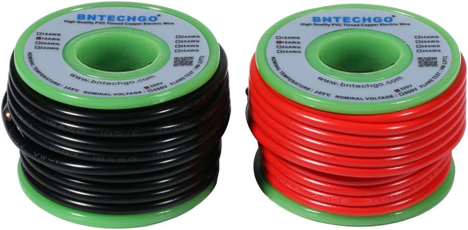 BNTECHGO 18 Gauge PVC 1007 Solid Electric Wire Red and Black Each 20 ft 18 AWG 1007 Hook Up Tinned Copper Wire