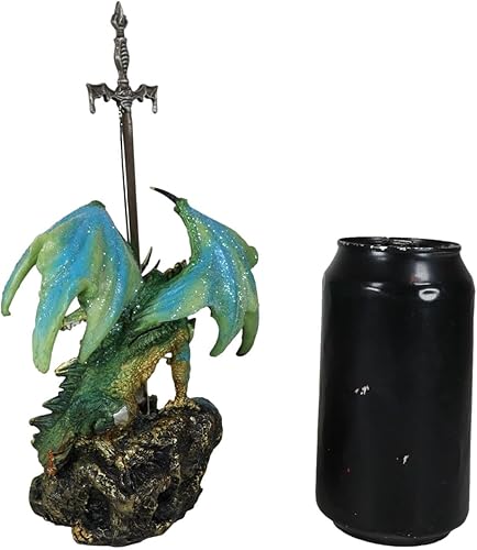 Miniatura 7 de Ebros Gift Legendario brillante verde metálico blindado centinela caballero dragón sosteniendo Tiki Murciélago espada abrecartas figura figura