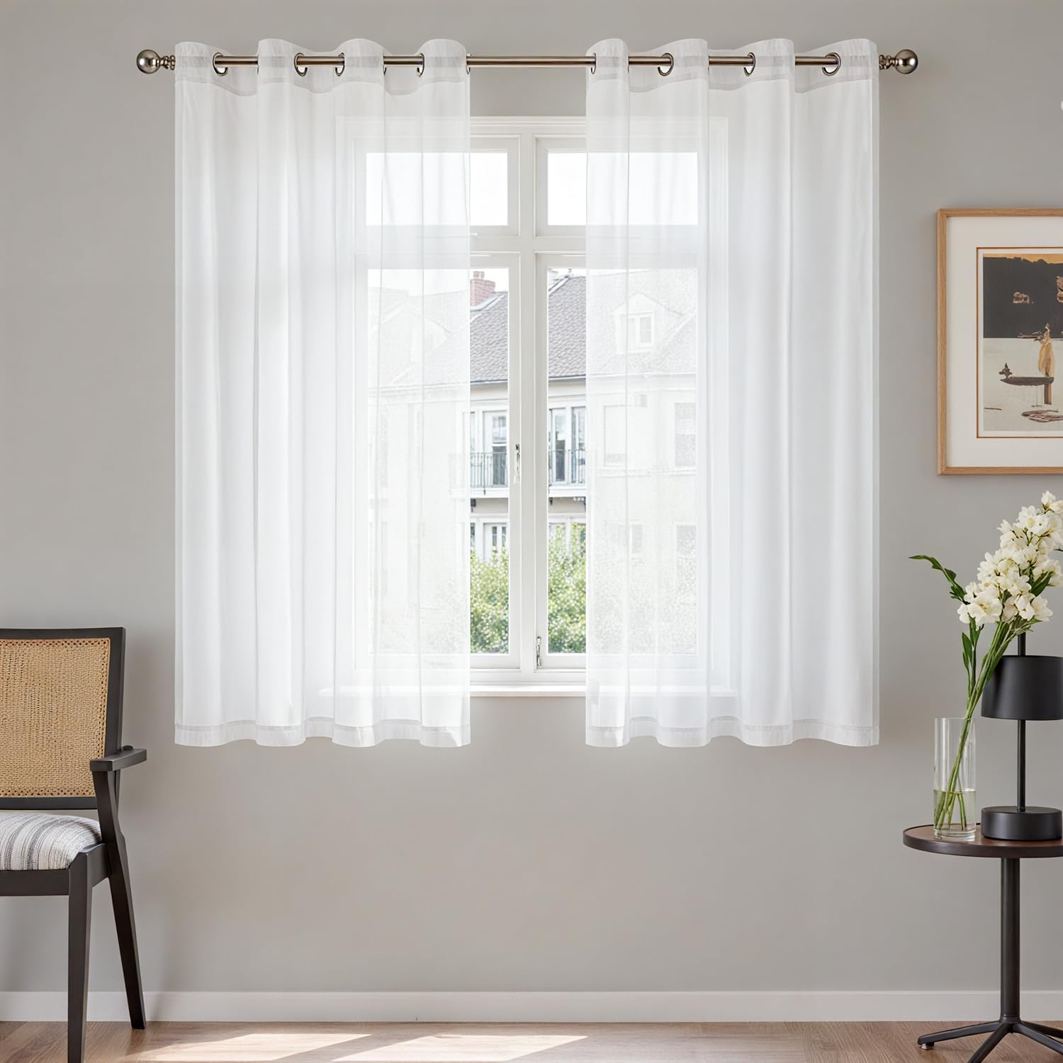 TOPICK White Net Curtains for Windows 54 Inch Drop, Semi Transparent Voile Drapes for Bedroom, Super Soft Short Sheer Eyelet Curtains for Living Room, Nursery, Office, W55 x L54 Inch, 2 Panels — image 1