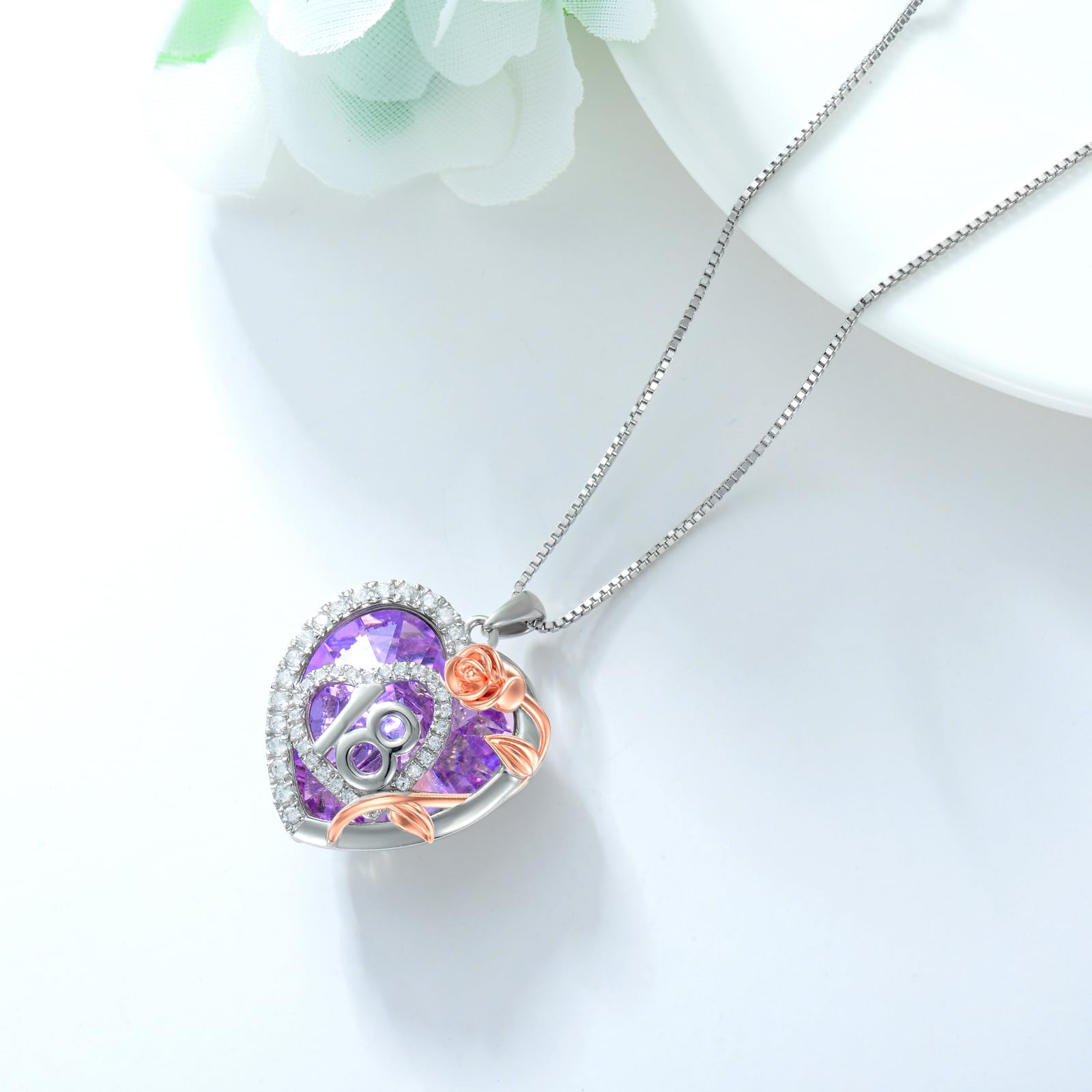 Cadeau d'anniversaire pour fille - En argent sterling 925 - Pendentif en forme de rose - Cœur - Cristal - Cadeau d'anniversaire - Cadeau pour fille de 18 ans, Argent sterling,