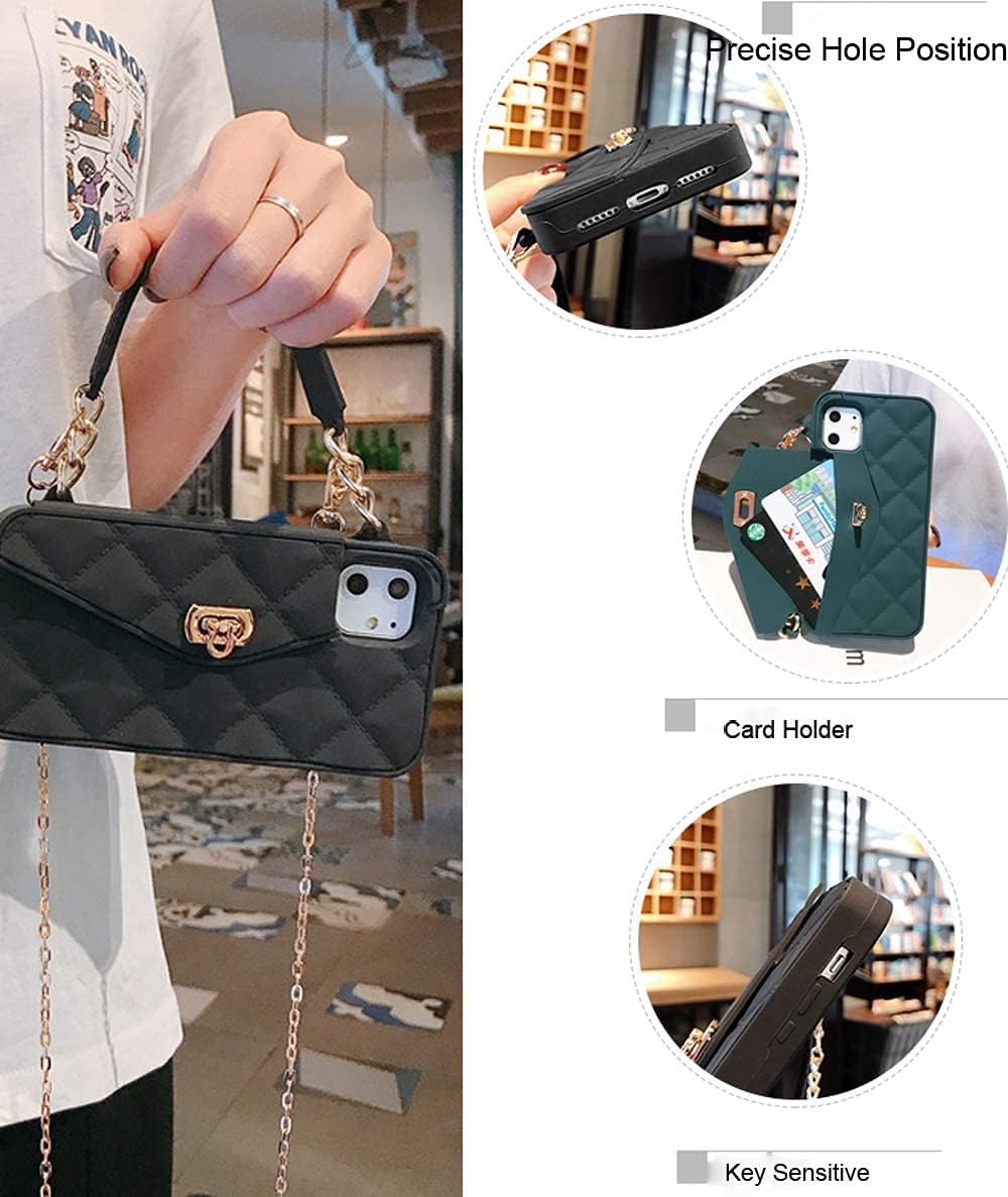 Yatchen Wallet Case for iPhone 13 Pro Max,Crossbody Phone Case with Lanyard Strap Cute Flip Credit Card Holder Soft Silicone Girls Lady Handbag Cover for iPhone 13 Pro Max Black - Image 3