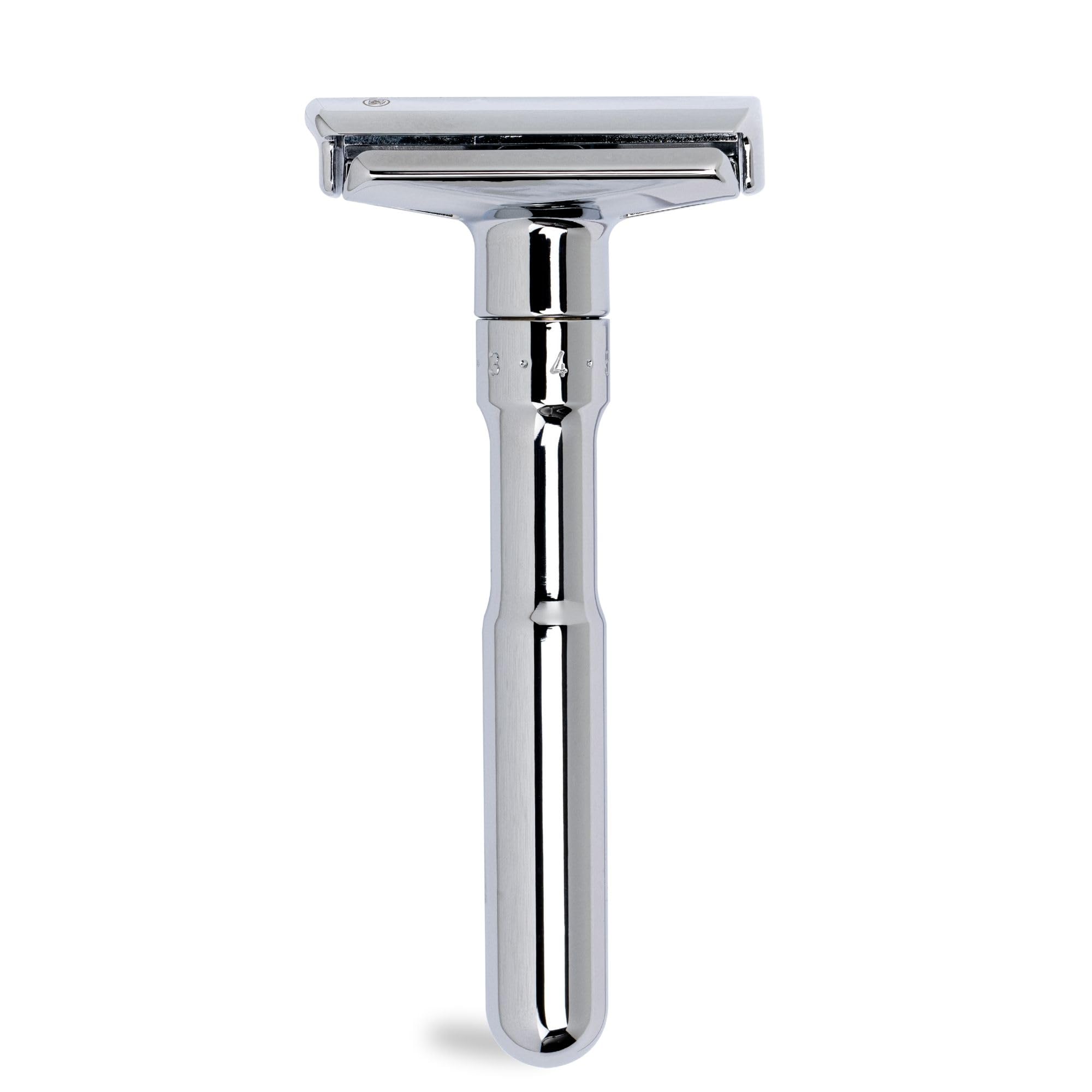 MERKUR Futur 701 Rasoio di sicurezza – Design iconico, finitura cromata lucida, struttura in due pezzi, taglio diritto, ideale per la rasatura tradizionale – Made in Germany