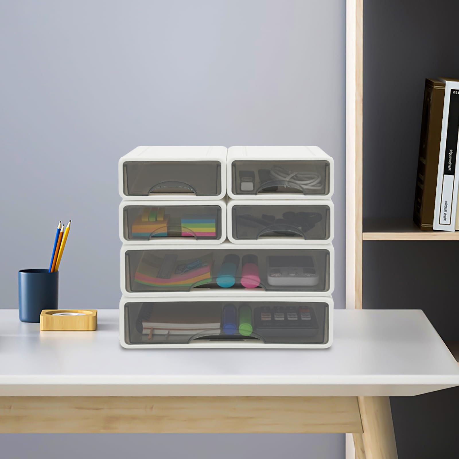 Organizer da scrivania bianco con 6 cassetti, impilabile, per ufficio e casa, moderno sistema di archiviazione per cosmetici, cancelleria e documenti, in plastica, antipolvere