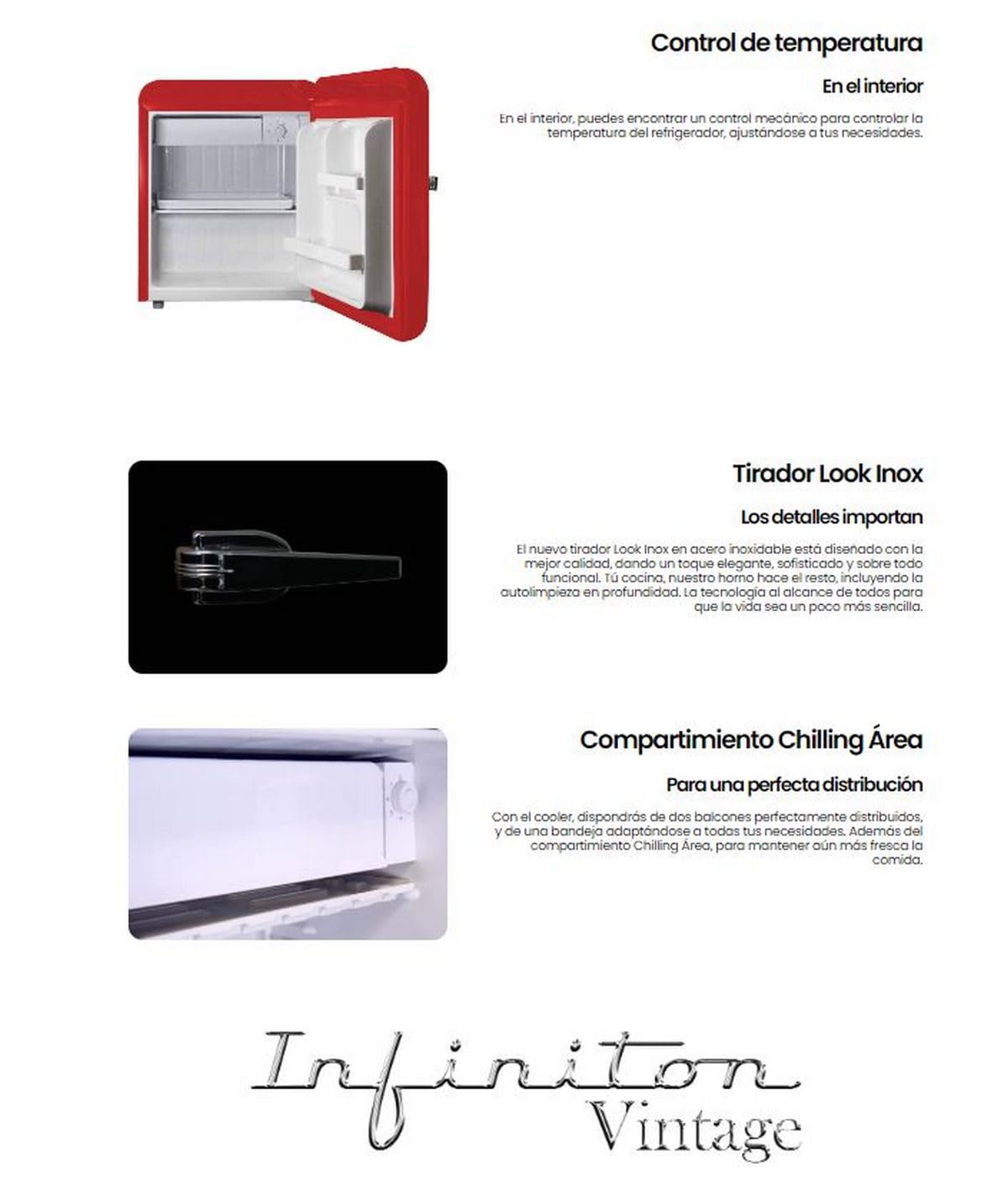 INFINITON CL-V48 - Frigorífico Vintage, Rojo, 46L, 1 puerta, Chilling Area, Tirador vintage Look Inox, Silencio 41dB