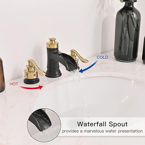 Miniatura 4 de BWE Grifo de baño generalizado de 3 agujeros, negro y dorado, 8 pulgadas, dos asas, grifo de lavabo comercial con tapón de drenaje desplegable de