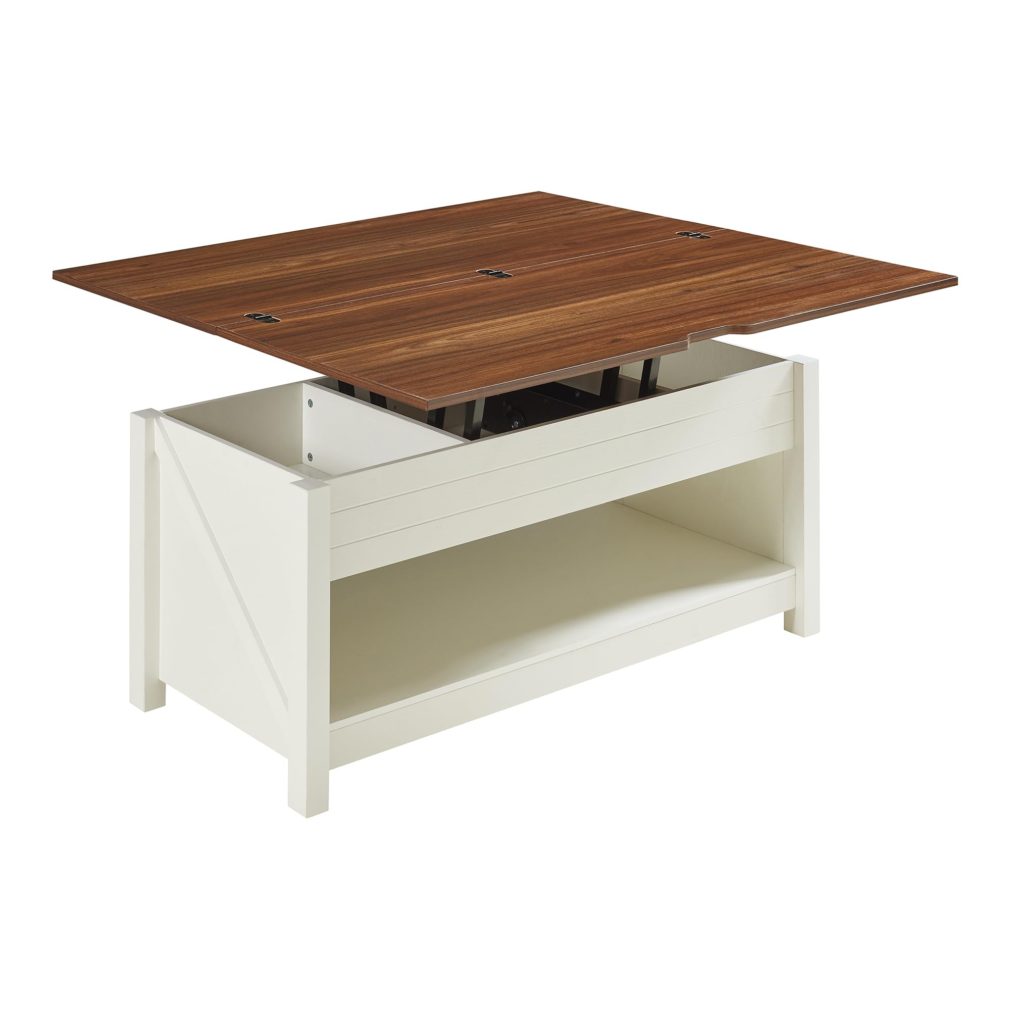 [en.casa] Table Basse de Salon avec Plateau Relevable Compartiment de Rangement Étagères Piètement Stable Panneau de Particules 110 x 55 x 54 cm Effet Noyer Blanc