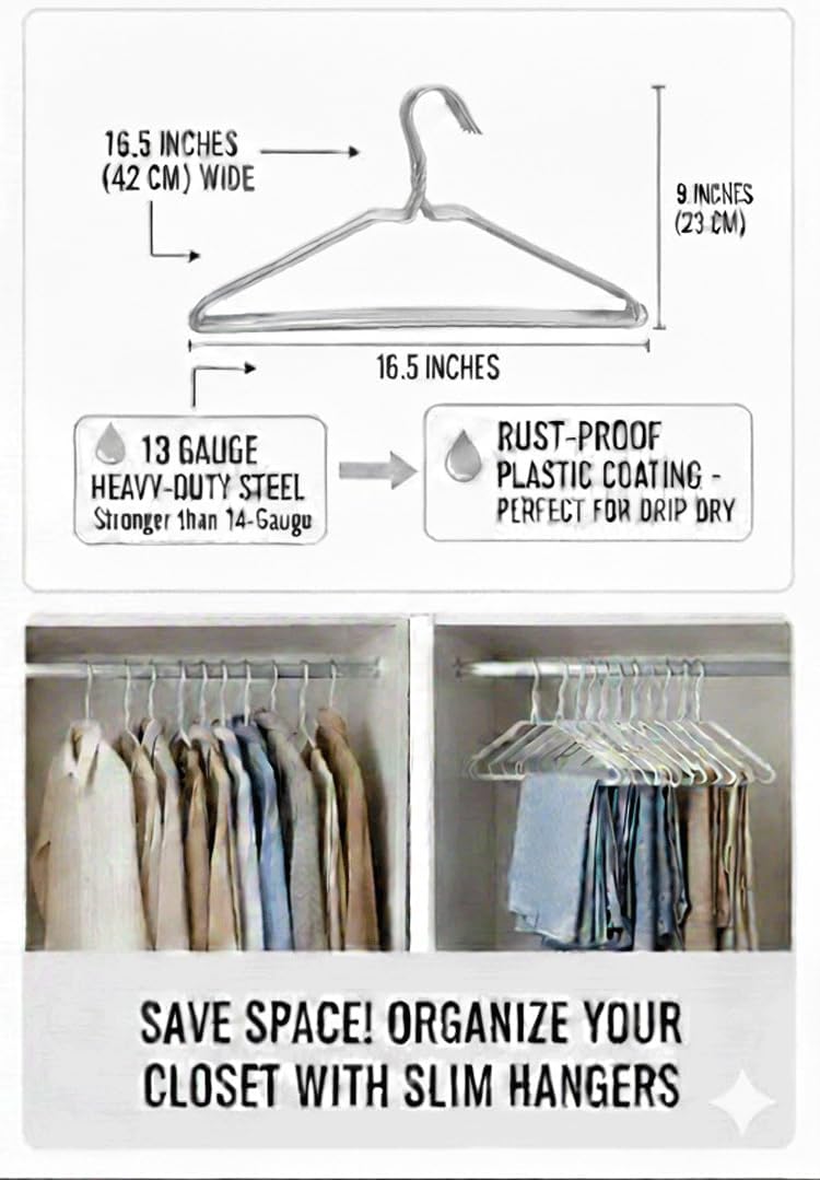 White Plastic-Coated Wire Hangers 16” (40.5cm) – Heavy-Duty Rust-Resistant Steel Clothes Hangers for Drip Dry & Everyday Use, 20 Pack