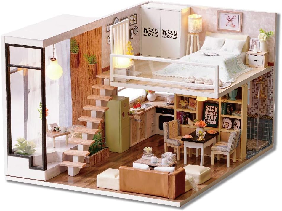 M&J DIY Miniature Loft Dollhouse Kit Realistic Mini 3D Wooden House Room Toy with Furniture LED Lights Children's Day Birthday Gift
