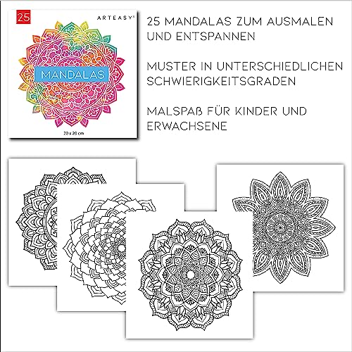 Arteasy® Mandala Malset mit 25 Mandalas zum Ausmalen für Kinder und Erwachsene - Ausmalbilder als Geschenk für Entspannung und Achtsamkeit speziell für Stifte auf Wasserbasis