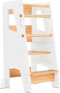 Toddler Standing Tower - Complete Toddler Kitchen Stool Helper - Ideal Kids Kitchen Step Stool for Learning New Skills - Updated Design with Safety Feet - White