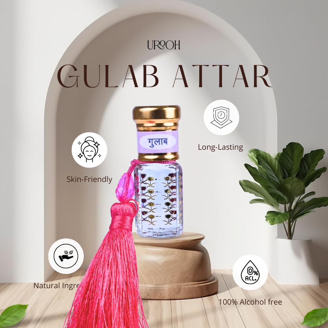 Urooh Alcohol-Free Rose (Gulab) Attar 3ml β Long Lasting Natural Floral Perfume Oil | Premium Non-Alcoholic Ittar for Men & Women | Concentrated Roll-On Fragrance 1