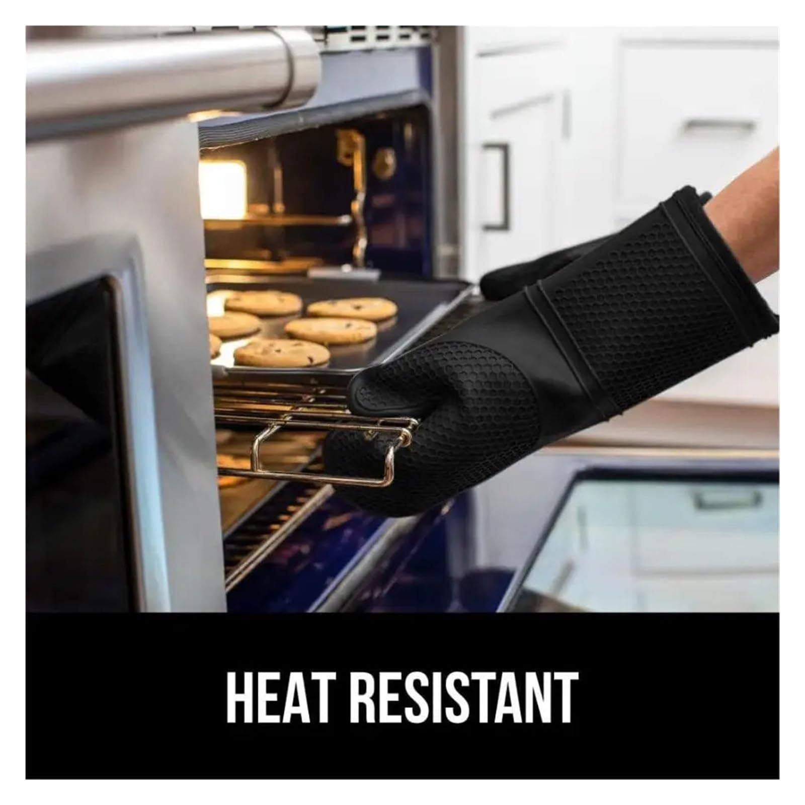 Gant Four Ensemble de Gants Cuisine antidérapants en Silicone, Doublure Coton Doux, imperméables(Black)