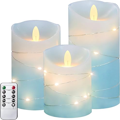 Miniatura 9 de Velas azules de Navidad sin llama con tira de luces, velas de cera real con mecha móvil, funciona con pilas con control remoto y temporizador,