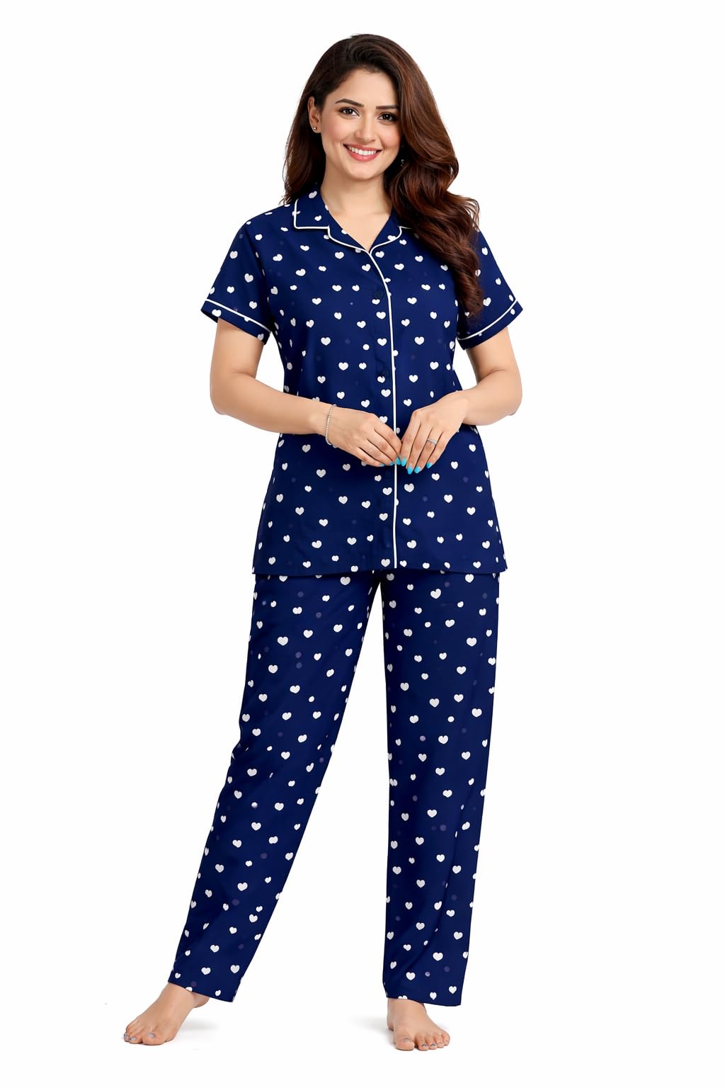 yazia Women’s Rich Cotton Heart Print Night Suit Set – Soft Breathable Shirt & Pyjama Loungewear | Comfortable Nightwear & Sleepwear for Women-picture-24