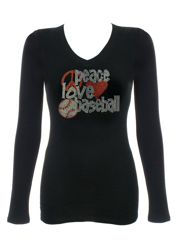 Women's Peace Love and Baseball Rhinestone Bling T-Shirts