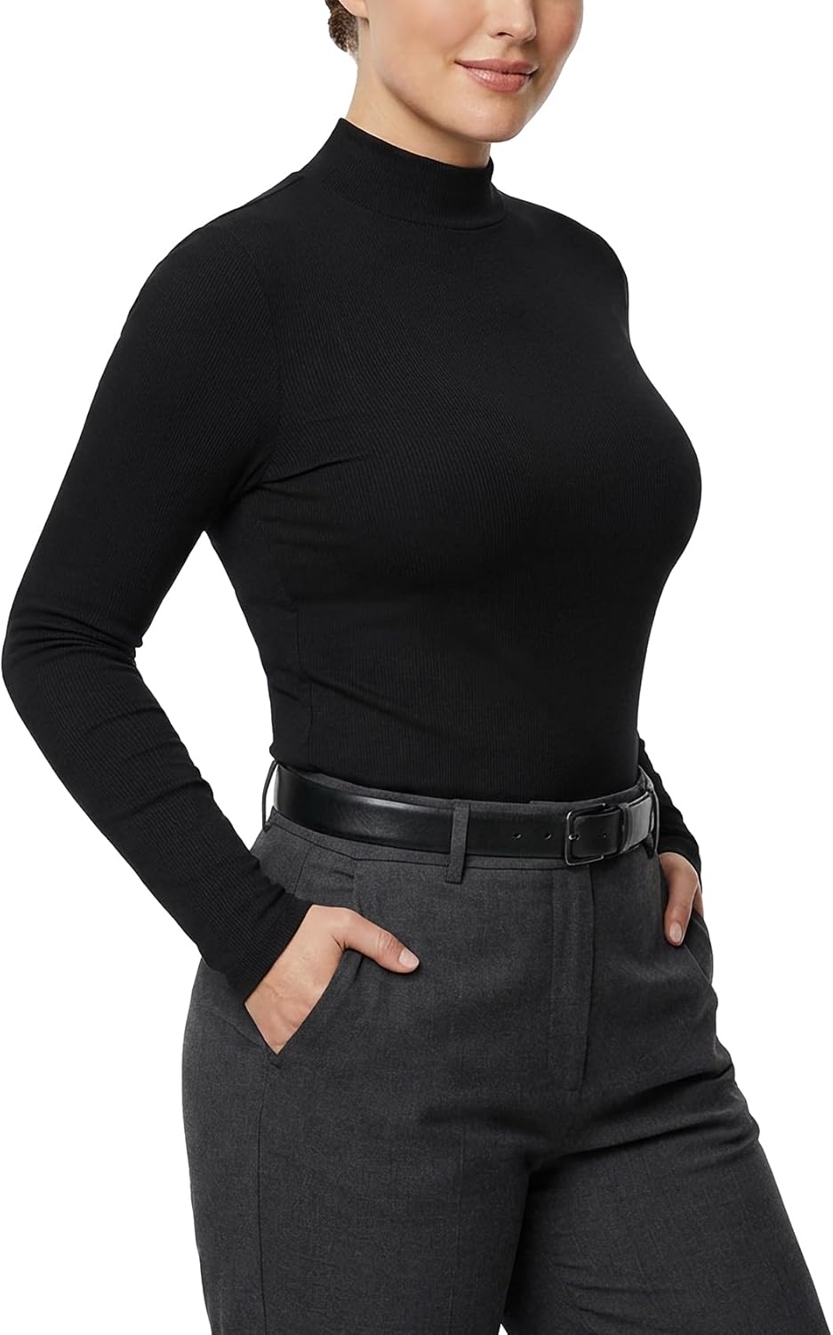 Zengjo Womens Mock Neck Long Sleeve Tops Ribbed Thermal Baselayer Shirt Stretch - Image 2