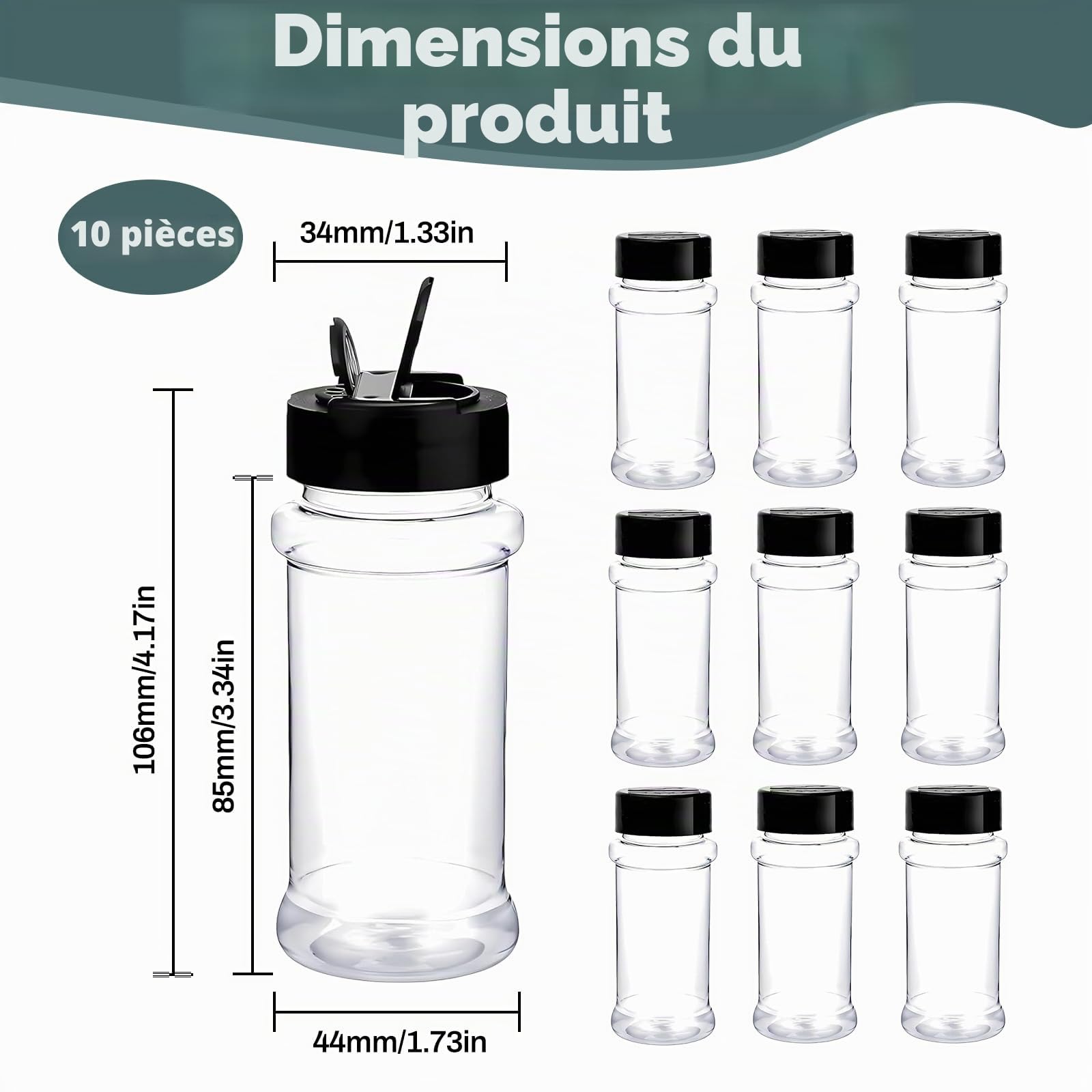 Lot de 10 pots à épices, 100ml bocaux à épices ronds en plastique hermétique boite epices cuisine pour tiroir cuisine et camping