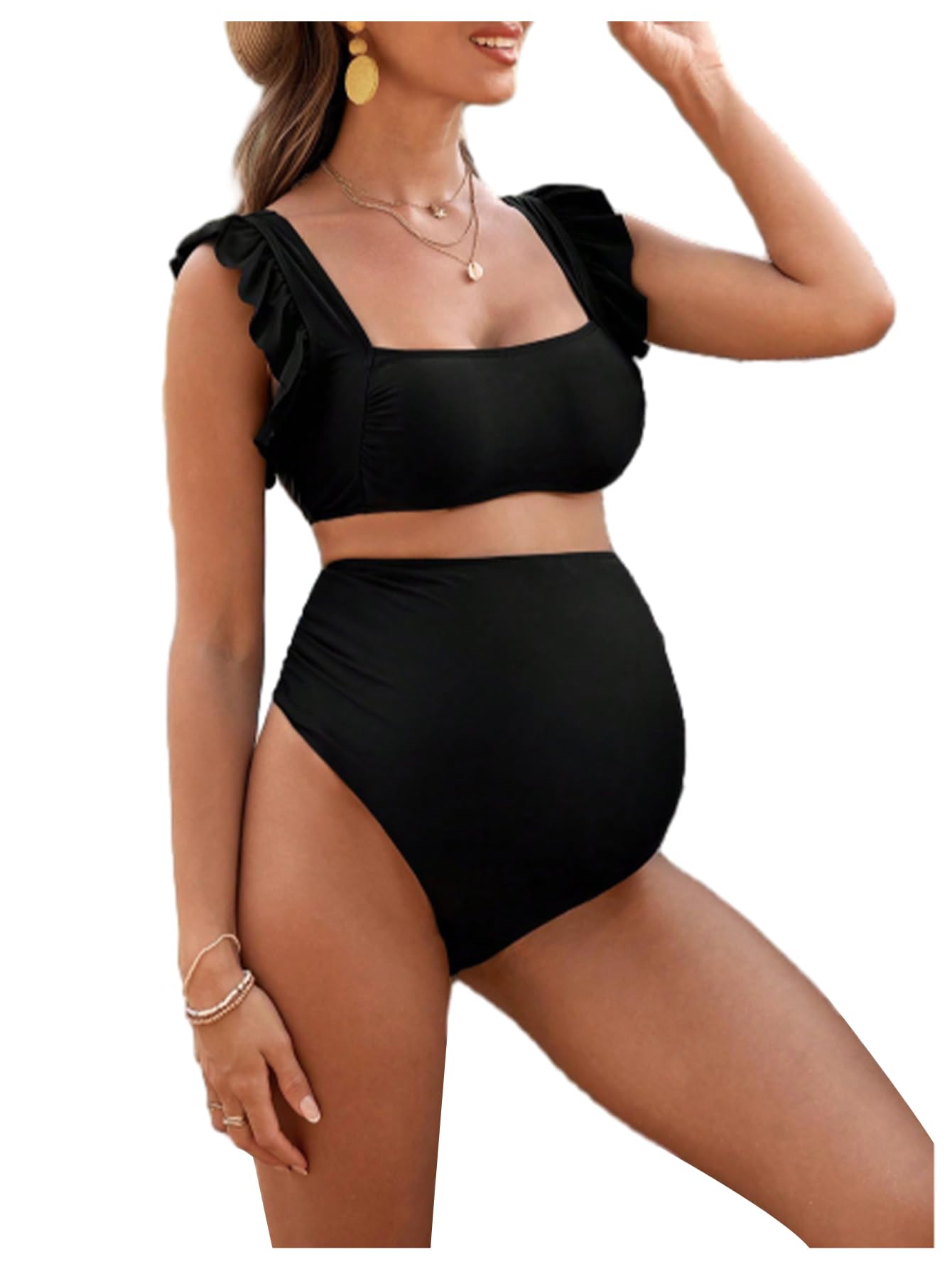 (Size M) MakeMeChic Women's Maternity Swimsuit Two Piece Bikini Sets Ruffle Sleeve High Waisted Pregnancy Swimwear