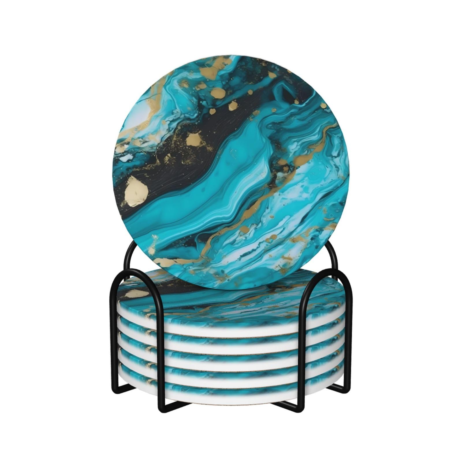 Dessous de verre en céramique lot de 6 avec support en métal bleu et doré