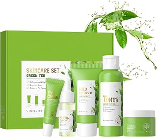 5 Stück Grüner Tee Skincare Set: Reinigung, Gesichtswasser, Serum, Augencreme & Creme, Geschenke für Teenager Mädchen & Damen, Anti Aging Skin Care Set für Feuchtigkeit & Ölkontrolle