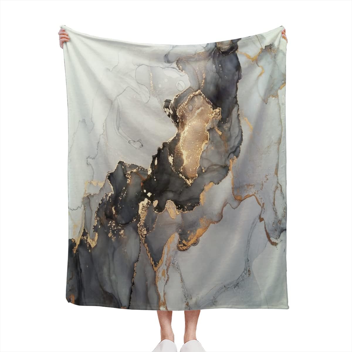 Grey Marble Flannel Fleece Blanket, Abstract Gold Foil Cracked Lines Ultra-Soft Microfiber Throw Blanket for Sofa, Couch & Bed Bedroom Decor 60x80in