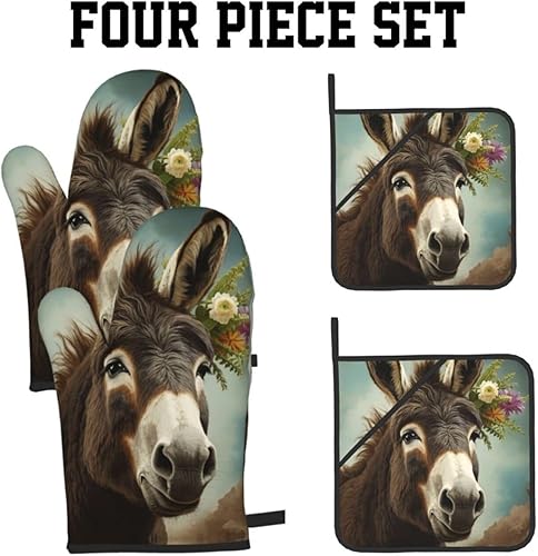 Miniatura 3 de Juego de 4 guantes de horno y soportes para ollas con estampado de animales burros, resistentes al calor, antideslizantes, guantes de horno y