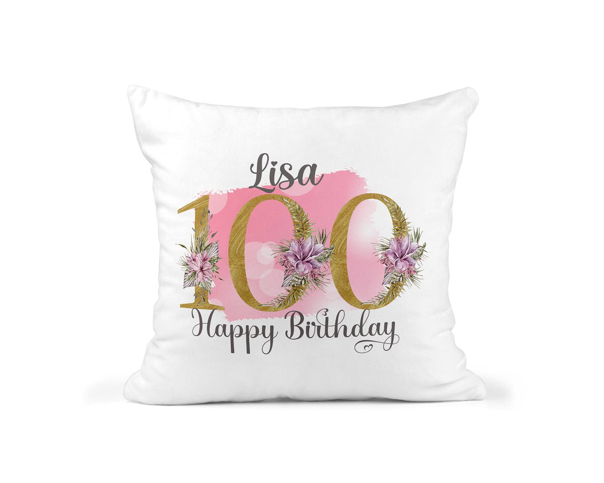Personalised 100th Birthday Cushion Cover With Name - Gold 100 Floral Pink Keepsake โ image 1