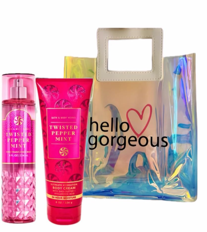 White Barn - Bath and Body Works - Gift Set 2 Piece Bundle - with Gift Bag Hello Gorgeous (Twisted Peppermint)