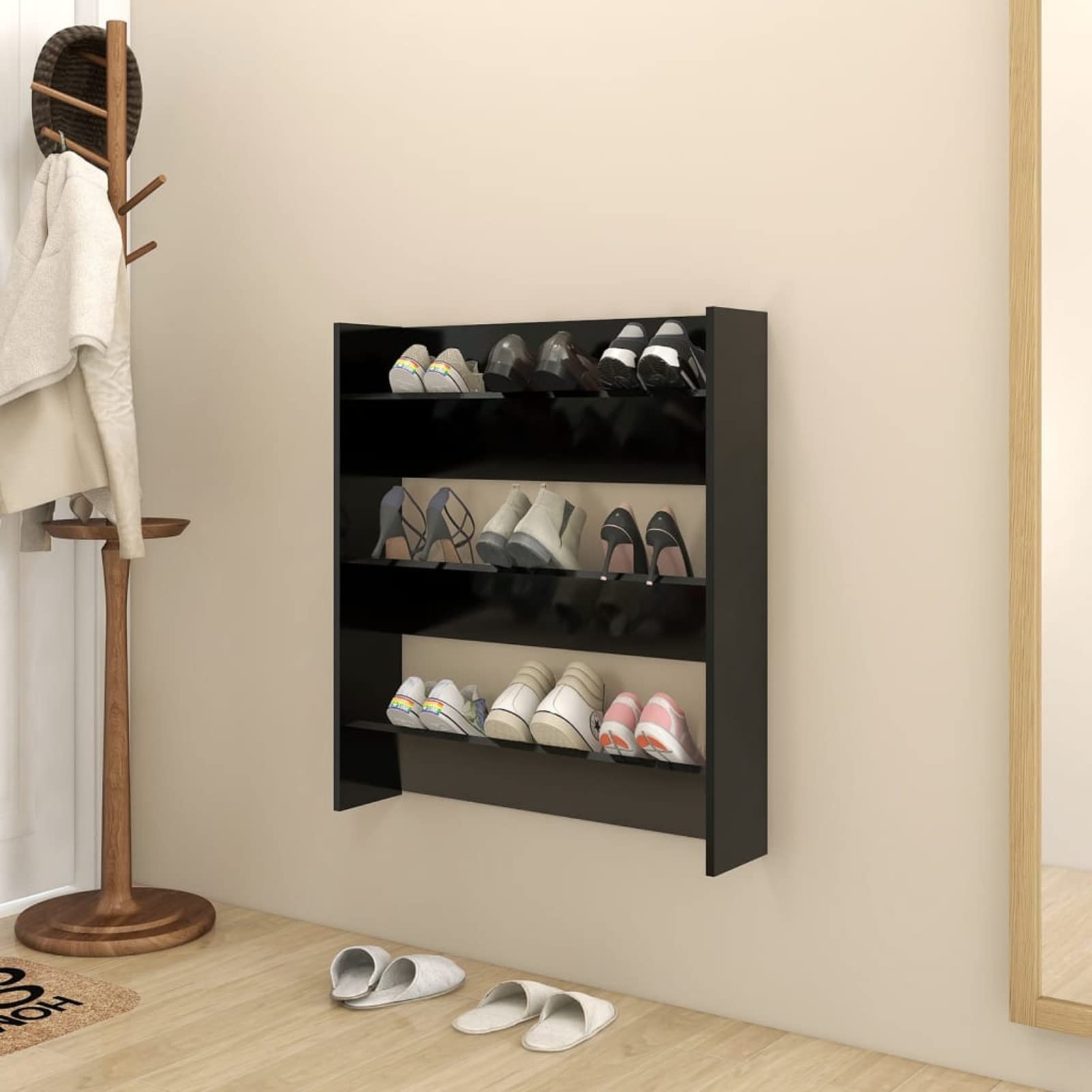 Homgoday Szafka ścienna na buty, czarna, 80 x 18 x 90 cm, drewno inżynieryjne, organizer do przechowywania butów, szafka do przechowywania butów, stojak do domu, przedpokoju