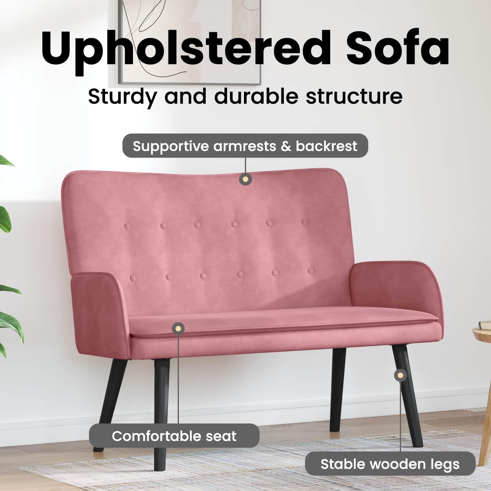 vidaXL Sofá de 2 Plazas Rosa 115 x 61 x 87 cm Terciopelo