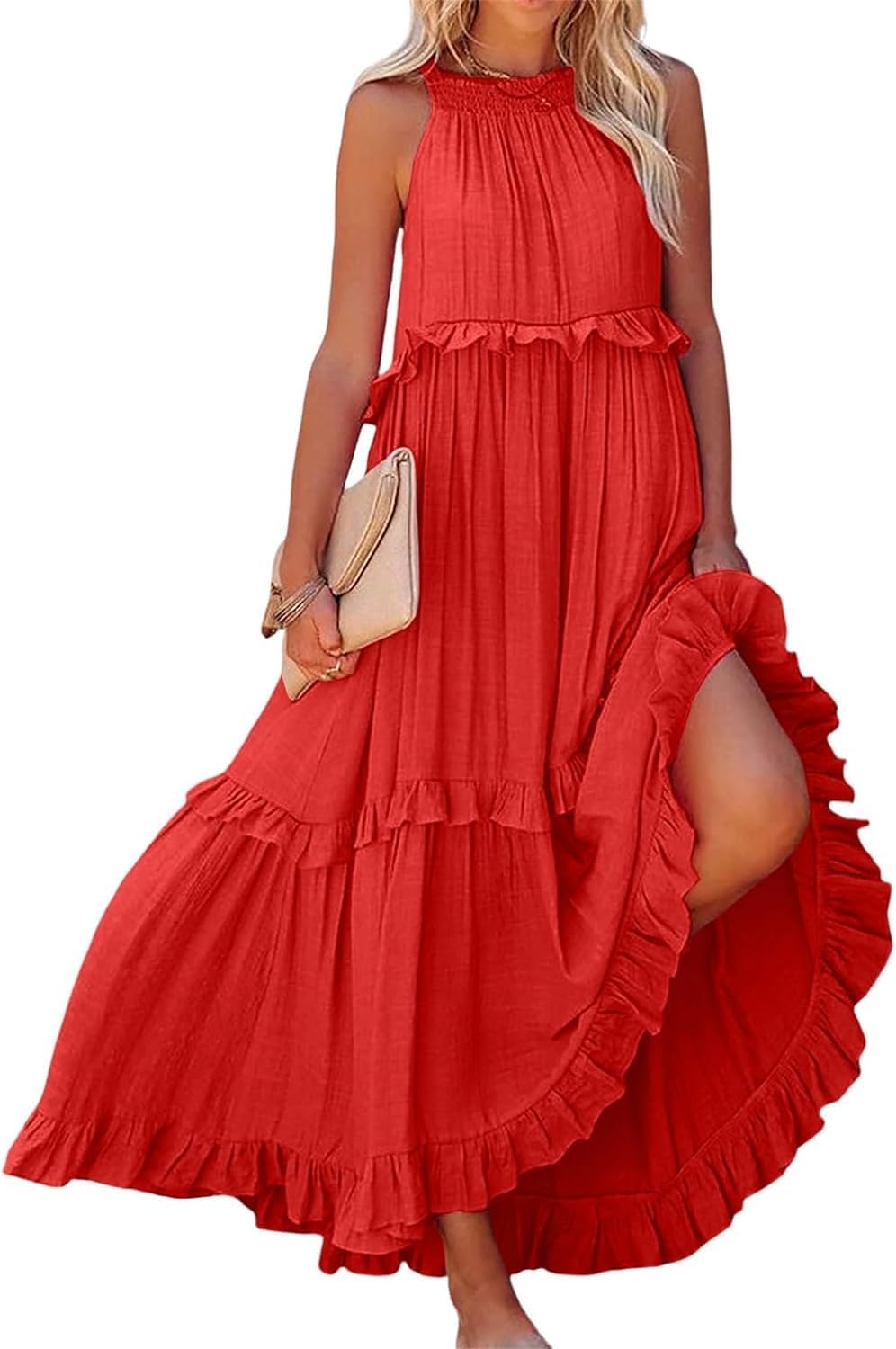Thicc Women's Red Flowy Ruffle Tie Maxi Dress - Summer Boho Sleeveless Halter Tie Back Loose Fit Beach Long Swing Dresses Smocked Sundress For Cocktail Formal Wedding Guest (L,)