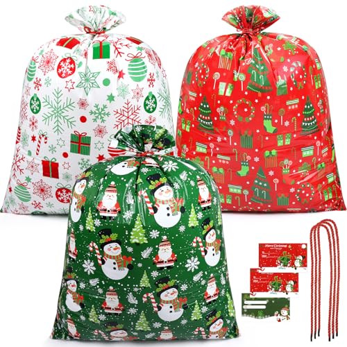 GOMANCHE 3 Pcs Extra Large Christmas Sacks 36x44 Jumbo Xmas Gift Wrap Bags for Big Presents Giant Santa Sack Reusable Plastic Christmas Bags for Toys Decor & Festive Gifting