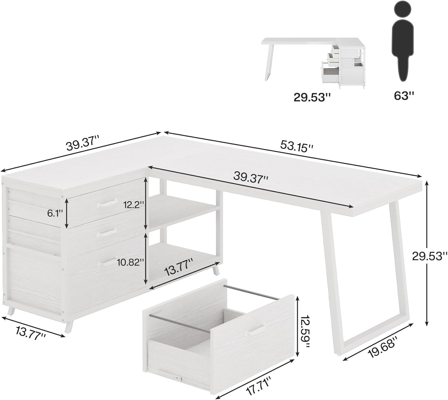Tribesigns L Shaped Deskтин техникалык чиймесинин дюймдагы деталдуу өлчөмдөрү, анын ичинде жалпы узундугу, туурасы, бийиктиги жана сактоо бирдигинин жана суурмаларынын өлчөмдөрү.