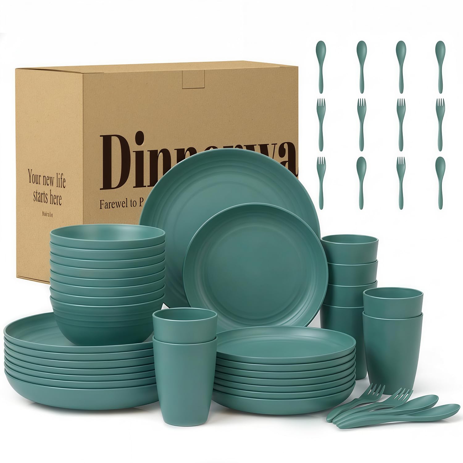 Wrova Unbreakable Dinner Sets for 8｜48-Piece Reusable Camping Cutlery & Plates Set with Forks & Spoons｜Lightweight Dinnerware Set for Indoor & Outdoor Dining - GreenColors