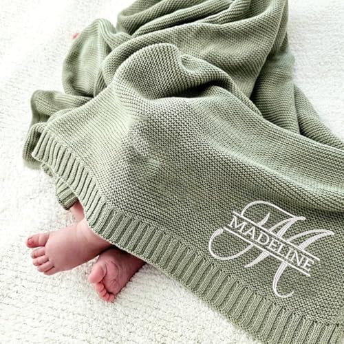 Luxury Personalized Knit Embroidered Baby Name Blanket Custom Embroidered Monogrammed Cotton Nursery Blanket Gifts for Newborn Baby Boy and Girl...